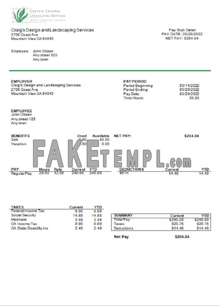 USA California design & landscaping services company fake pay stub Word and PDF template